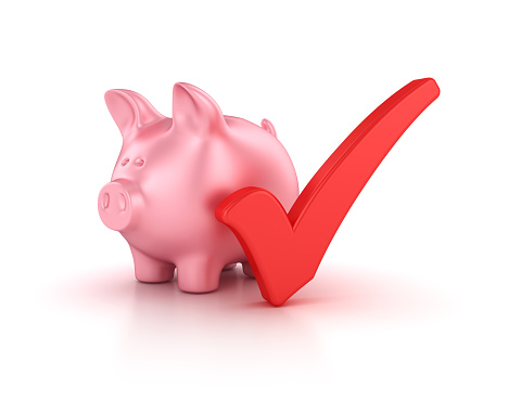Piggy Bank with Check Mark - White Background - 3D Rendering