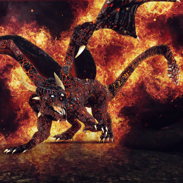 istock Fiery dragon with wings in flames 1036177850