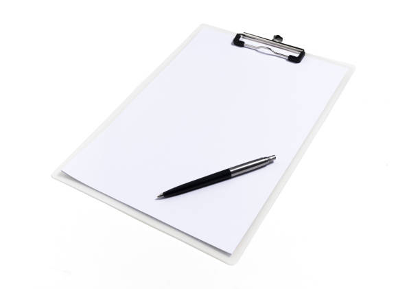 istock Clipboard with white sheet and pen isolated on a white background. Top view. Mock up for word. 1036181376