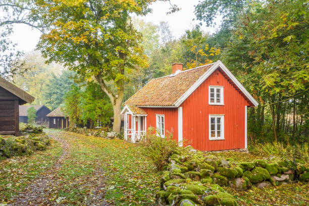 idylliczny czerwony domek w wiejskiej wiosce - cottage autumn wood woods zdjęcia i obrazy z banku zdjęć