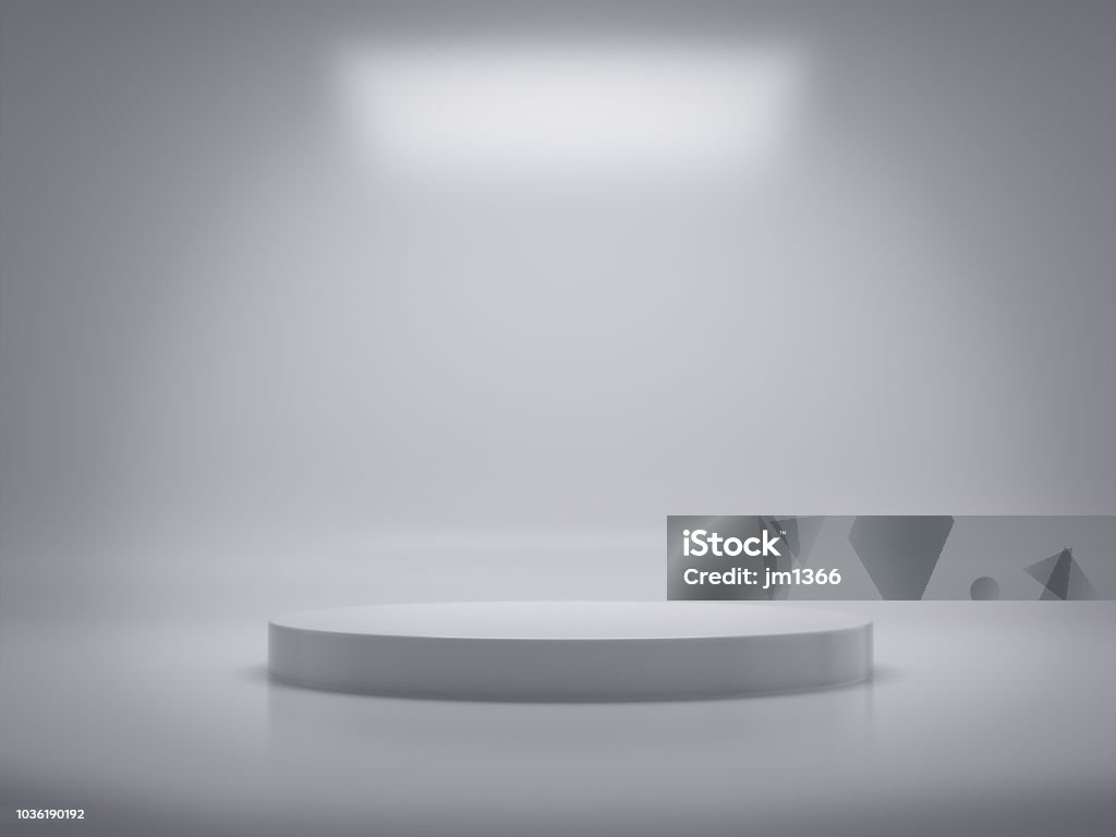 Pedestal para pantalla, plataforma para el diseño, de producto en blanco, blanco room.3D representación. - Foto de stock de Fondos libre de derechos