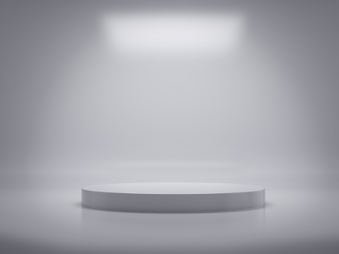 Pedestal for display,Platform for design,Blank product,White room.3D rendering.