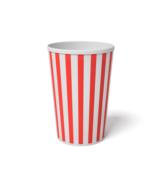 istock 3d rendering of a small popcorn bucket with red and white stripes standing completely empty on a white background. 1036190236