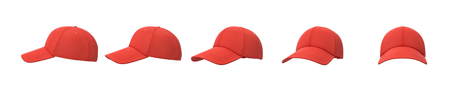 Render 3D de cinco gorras rojo que se muestra en una línea de lado a vista frontal sobre un fondo blanco. photo