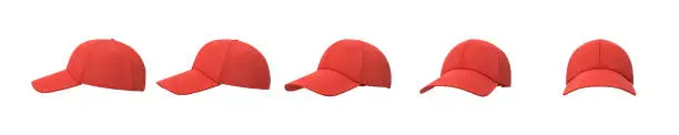 Photo of 3d rendering of five red baseball caps shown in one line from side to front view on a white background.