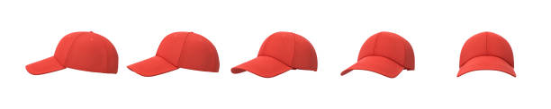 renderização 3d de cinco bonés vermelhos mostrados em uma linha do lado de vista frontal sobre um fundo branco. - baseball cap cap men baseball - fotografias e filmes do acervo