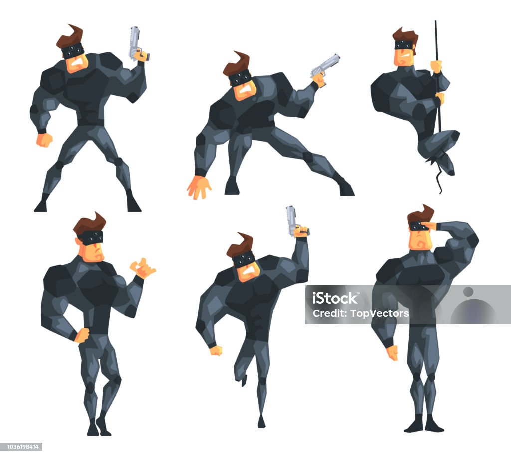 Secret Agent Rope Secret Agent In Different Actions Posing With Gun Hanging On Rope ...