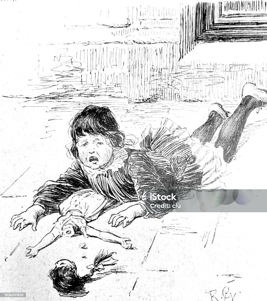 Girl lying on the floor crying with a broken doll Illustration from 19th century 1890-1899 stock illustration