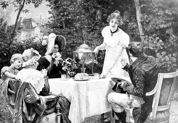rodzina na świeżym powietrzu w ogrodzie pije kawę lub herbatę - afternoon tea tea women table stock illustrations
