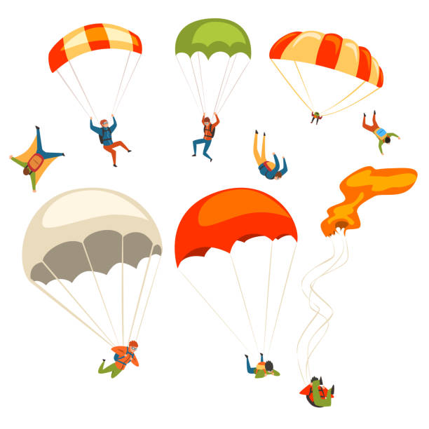 ilustraciones, imágenes clip art, dibujos animados e iconos de stock de paracaidistas vuelan con sistema de paracaídas, deportes extremos paracaidismo y skydiving concepto vector ilustraciones sobre un fondo blanco - paracaidismo