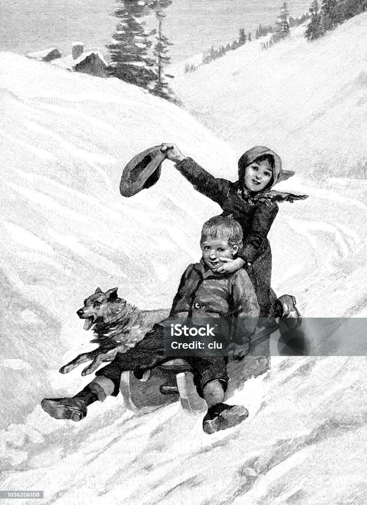 Boy and girl with dog on a sleigh ride Illustration from 19th century Animal Sleigh stock illustration