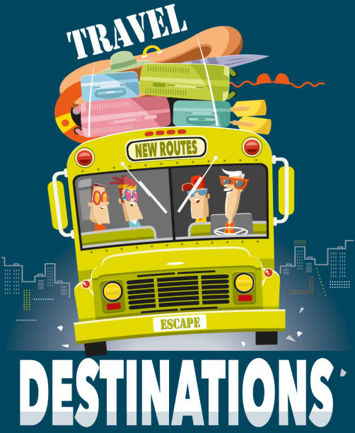 ilustraciones, imágenes clip art, dibujos animados e iconos de stock de escape para nuevas rutas en autobús - coach bus illustrations
