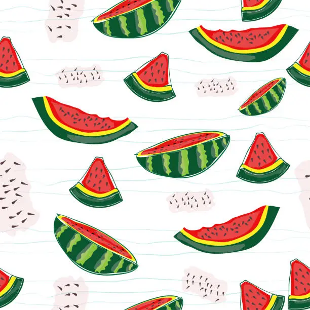 Vector illustration of Seamless watermelons pattern. watermelon slices. Juicy ripe fruit on blue retro background. For art texture, web design, web background, fabric, wallpaper, apparel, wrapping, and textile.Vector EPS10