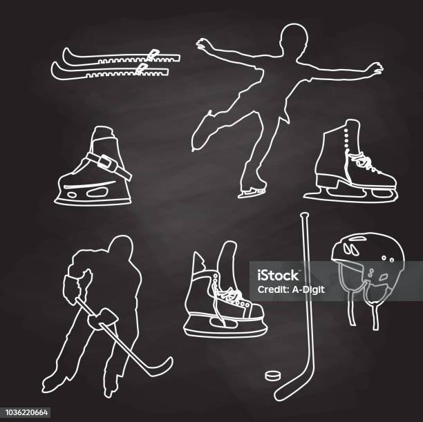 Ice Skating Sketched Elements Stock Illustration - Download Image Now - Hockey Stick, Line Art, Hockey Puck