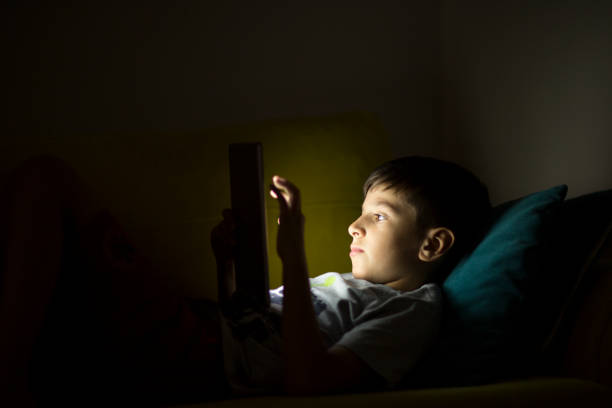 istock Little boy reading book on digital tablet at night 1036231806