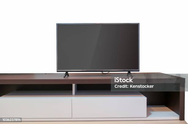Led Tv On Wood Table Modern Stand With White Wall Background Stock Photo -  Download Image Now - Istock