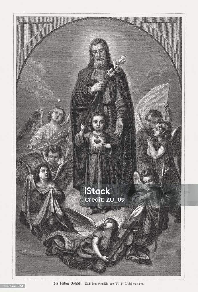 Saint Joseph, the foster father of Jesus, woodcut, published 1876 Saint Joseph, husband of Mary, Jesus' mother. In the Christian tradition, he was the foster father of Jesus. Wood engraving after a painting by Melchior Paul von Deschwanden (Swiss painter, 1811 - 1881), published in 1876. Angel stock illustration