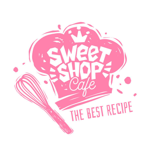 Sweet shop cafe logo label emblem design. Sweet shop cafe logo label emblem design. The best recipe, chef hat, pink, crown. Hand drawn vector illustration. bakery stock illustrations