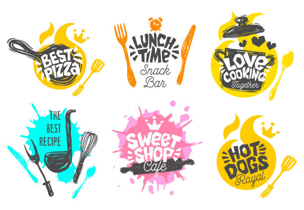 ilustrações de stock, clip art, desenhos animados e ícones de sketch style cooking lettering icons set. - cozinha ilustrações