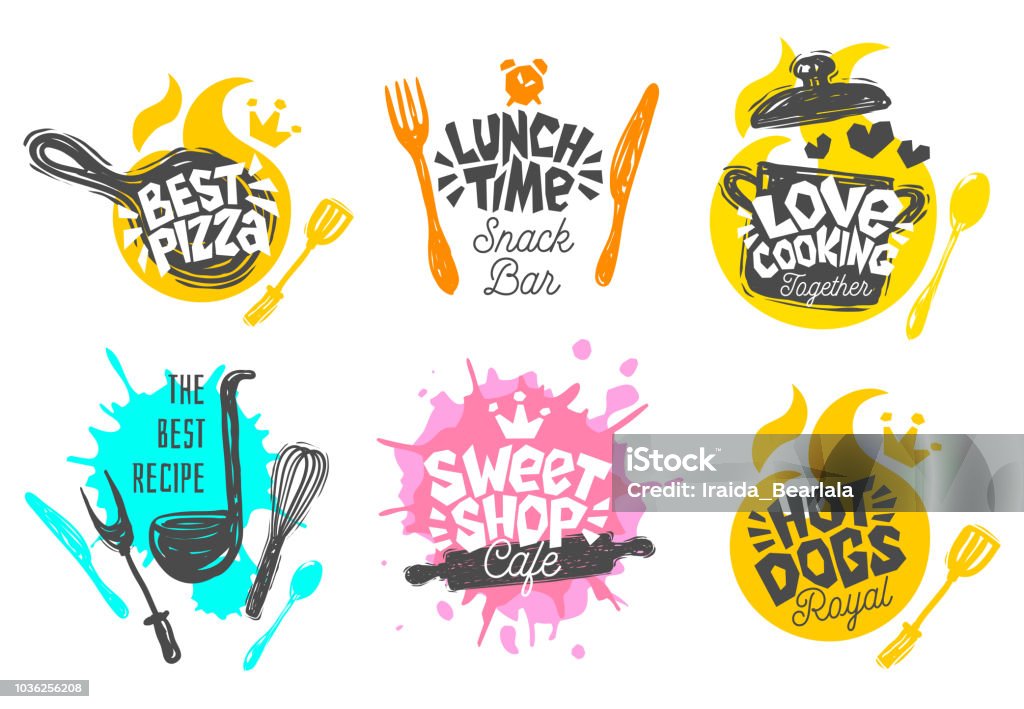 Sketch style cooking lettering icons set. Sketch style cooking lettering icons set. For badges, labels, logo, sweet shop, bakery, snack bar, street festival, farmers market, country fair shop kitchen classes, cafe, food studio Cooking stock vector