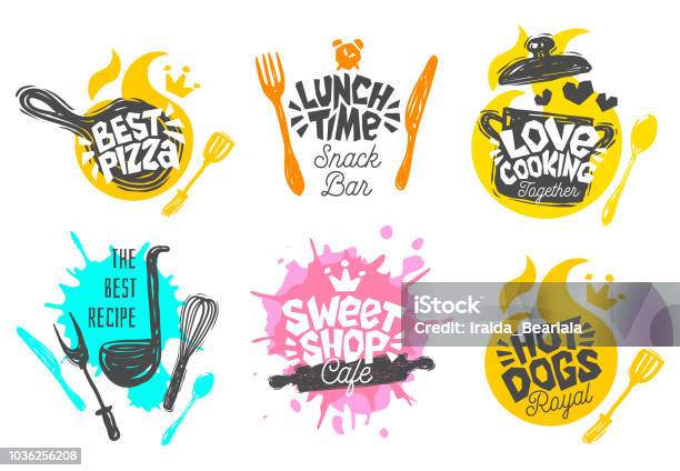 Sketch Style Cooking Lettering Icons Set Stock Illustration - Download Image Now - Cooking, Icon Symbol, Lunch