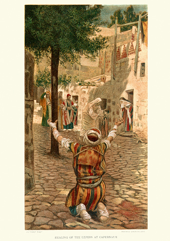 Vintage engraving of Jesus Christ healing the lepers at Capernaum by James Tissot