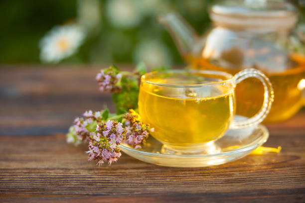 grüner tee im wunderschönen tasse - homewares rustic herbal tea herb stock-fotos und bilder