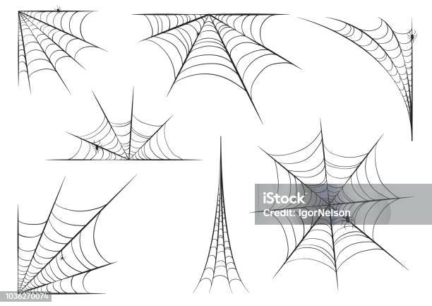 Halloween Cobweb Set In Hand Style With Spiders Vector Illustration Design Stock Illustration - Download Image Now