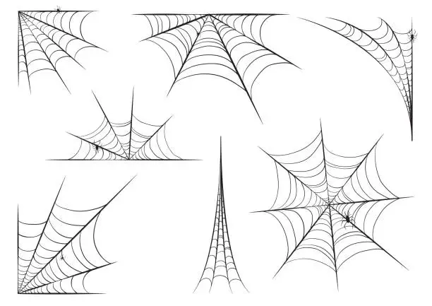 Vector illustration of Halloween cobweb set in hand style with spiders. Vector illustration design.