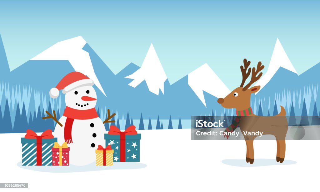 Snowman and funny deer on the background of a winter mountain landscape with a forest and a snow-covered field. Christmas and New Year design greeting cards. Snowman and funny deer on the background of a winter mountain landscape with a forest and a snow-covered field. Christmas and New Year design greeting cards Animal stock vector