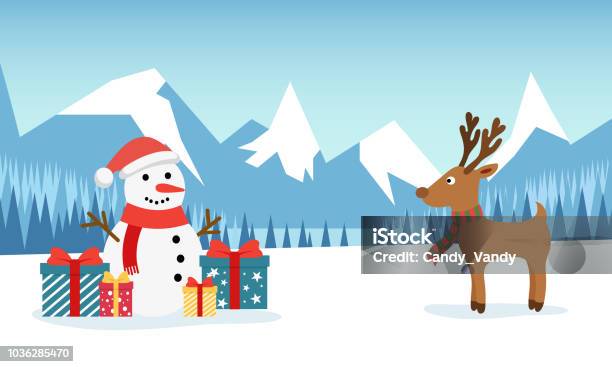 Snowman And Funny Deer On The Background Of A Winter Mountain Landscape With A Forest And A Snowcovered Field Christmas And New Year Design Greeting Cards Stock Illustration - Download Image Now