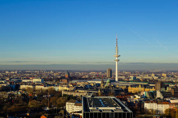 istock Hamburg panorama cityview at blue sky 1036287648