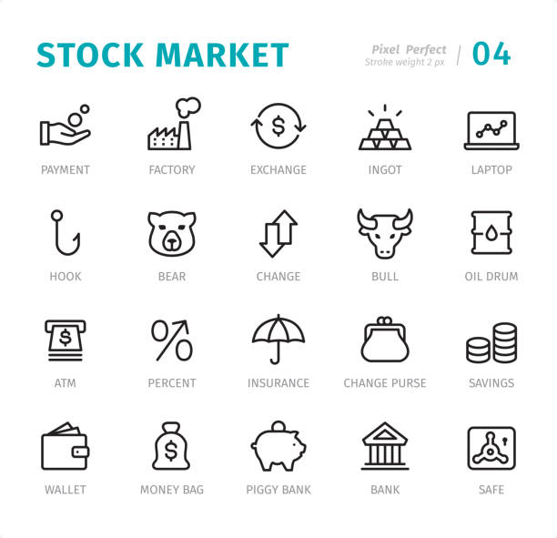 börse - pixel perfekte linie symbole mit bildunterschriften - barrel vault stock-grafiken, -clipart, -cartoons und -symbole