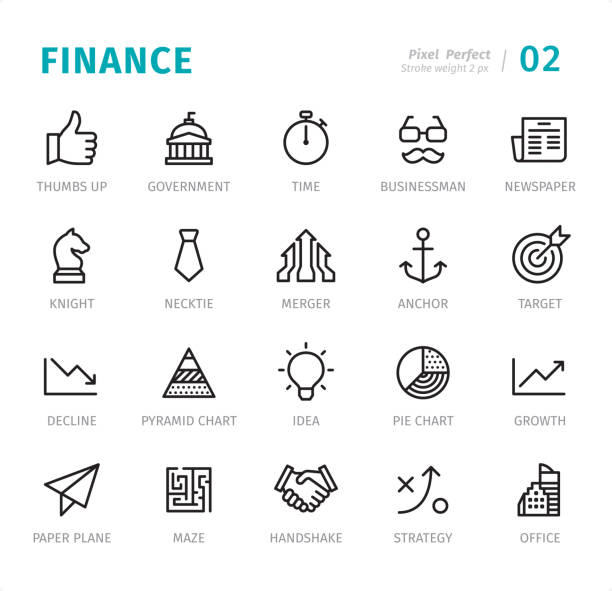 Finance - Pixel Perfect line icons with captions Finance - 20 Outline Style - Single line icons with captions / Set #02
Designed in 48x48pх square, outline stroke 2px.

First row of outline icons contains:
Thumbs Up, Government, Time, Businessman, Newspaper;

Second row contains:
Knight, Necktie, Merger, Anchor, Target;

Third row contains:
Decline, Pyramid Chart, Idea, Pie Chart, Growth;

Fourth row contains:
Paper Plane, Maze, Handshake, Strategy, Office.

Complete Signico collection - https://www.istockphoto.com/collaboration/boards/VT_7sDWo80OLh7foVxchBQ target acquisition stock illustrations