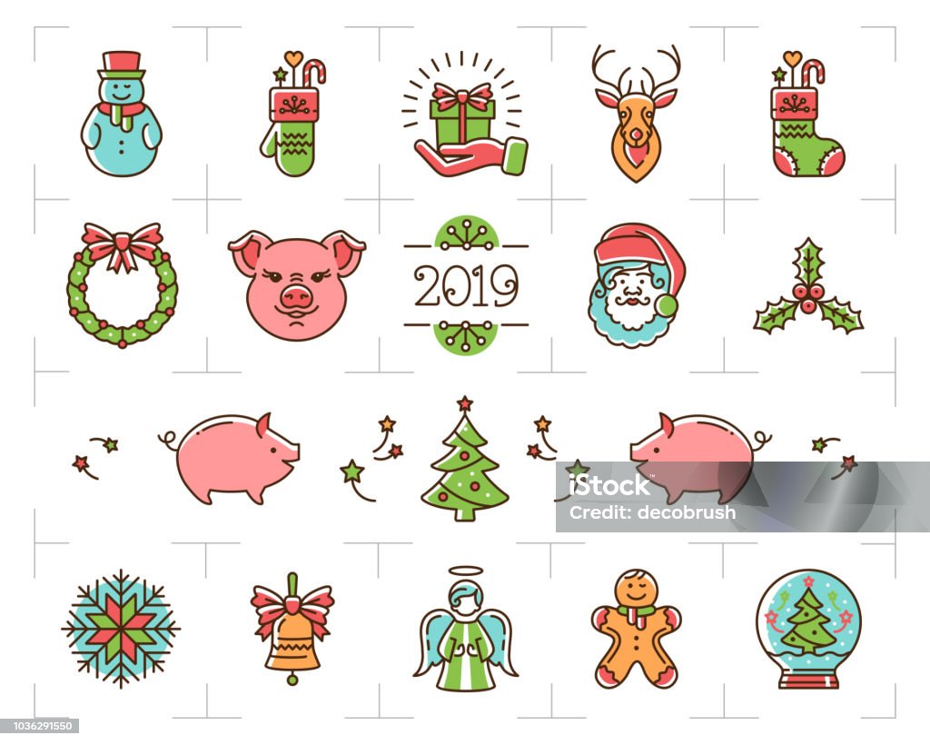 Christmas icons set, Zodiac year of the Pig 2019, New Year symbols. Colorful Christmas line icons, Holiday signs. Vector illustration Christmas icons set, Zodiac year of the Pig 2019, New Year symbols. Colorful Christmas line icons, Holiday outline signs. Vector illustration Christmas stock vector