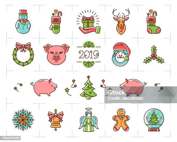 Christmas Icons Set Zodiac Year Of The Pig 2019 New Year Symbols Colorful Christmas Line Icons Holiday Signs Vector Illustration Stock Illustration - Download Image Now