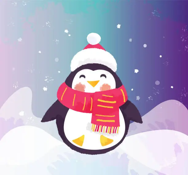 Vector illustration of Cute penguin in hat and scarf. Winter illustration