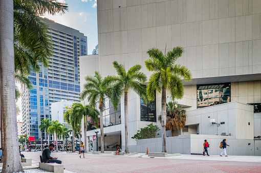 Miami, Florida, USA - September 12, 2018: Sunny day at Wolfson campus in the Miami Dade College. Founded in 1959, Miami Dade is the largest college with over 165,000 students and has eight campuses and twenty-one outreach centers located throughout Miami-Dade County.