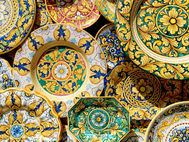 Ceramic of Sicily Typical ceramic products of Sicilian style in the old town of the historic village of Erice in Sicily, Italy sicily stock pictures, royalty-free photos & images