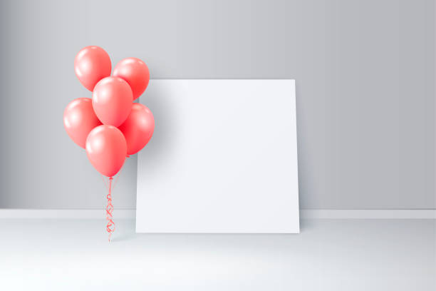 istock Vector interior scene with glossy balloons and big white piece of paper. Background with empty space for birthday, party banners, text 1036316950