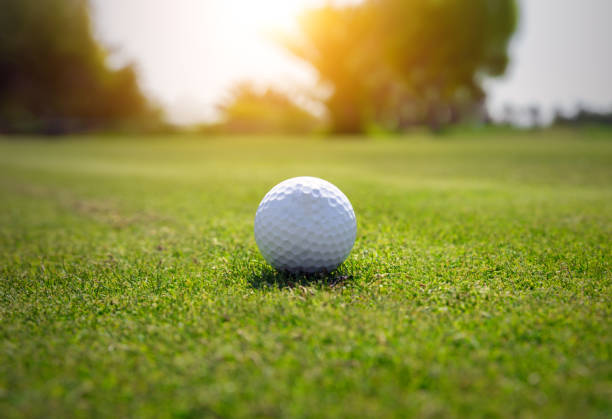 golfball auf dem golfplatz - golf putting golf course golf club stock-fotos und bilder