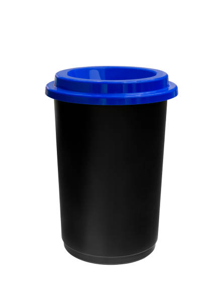 istock Black plastic garbage tanks with blue cap isolated on white background, ecology 1036343898