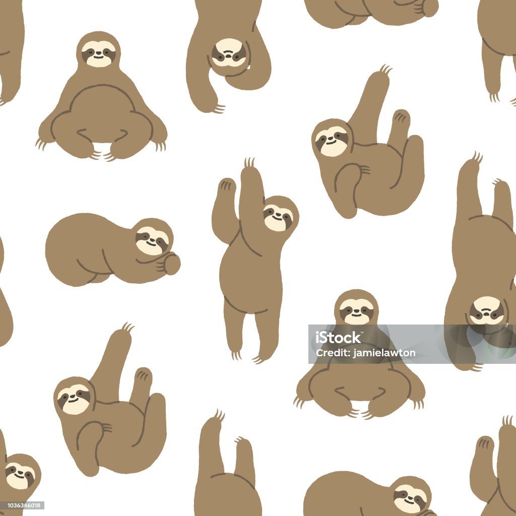 Seamless Hand-Drawn Sloth Pattern Sloths have taken over pop culture and this hand-drawn sloth pattern will make an ideal background for your design project. The pattern repeats seamlessly both vertically and horizontally meaning the sloths go on and on! The illustrator 10 vector file can be coloured and customized to suit your needs and scaled infinitely without any loss of quality. Sloth stock vector