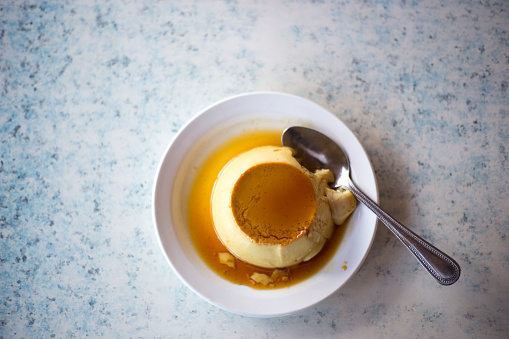 Mexican Flan with Spoon, Overhead Shot