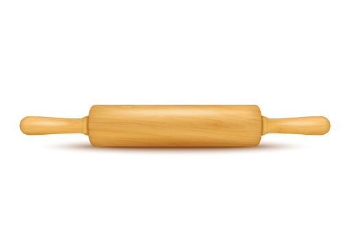 Vector realistic 3D wooden rolling pin icon closeup isolated on white background. Design template for graphics.