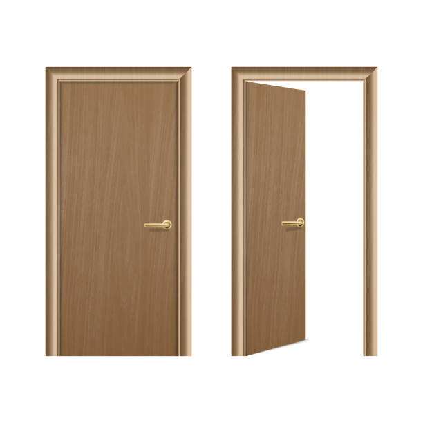 istock Vector realistic different opened and closed brown wooden door icon set closeup isolated on white background. Elements of architecture. Design template for graphics, Front view 1036405968