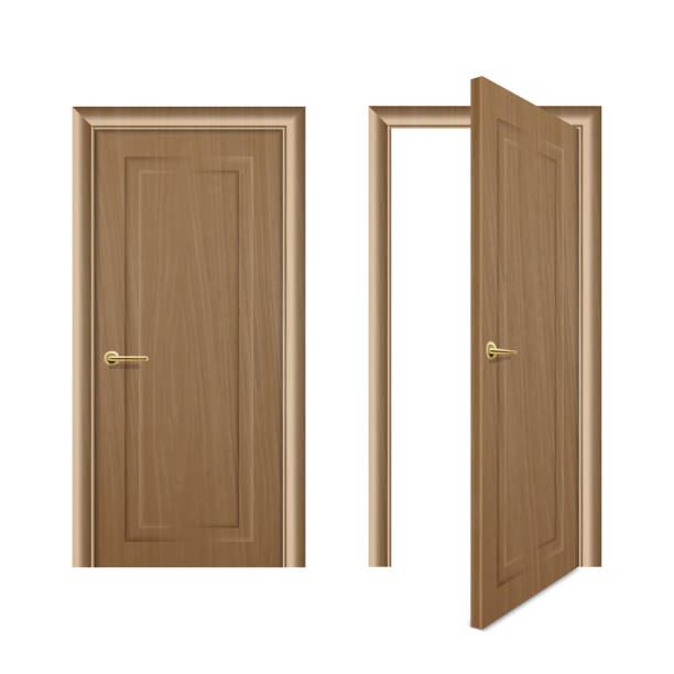istock Vector realistic different opened and closed brown wooden door icon set closeup isolated on white background. Elements of architecture. Design template for graphics, Front view 1036405982