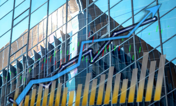 istock Hong Kong Office buildings with graph blue bull chart on background 1036417420