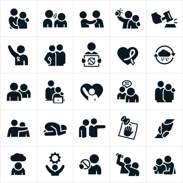 A set of sexual harassment in the workplace icons. The icons show several different situations of unwanted holding or touching by a workplace co-worker or supervisor. The icons also include symbols of hope and justice for those victims of sexual abuse.