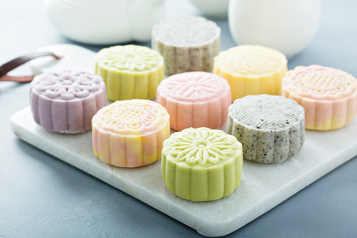 Snow skin sweet and savory traditional Chinese mooncakes with variety of fillings